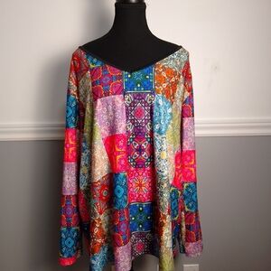 Sakurafiua Boho Patchwork Colorful Rainbow  Lightweight Long Sleeve Top 2xl